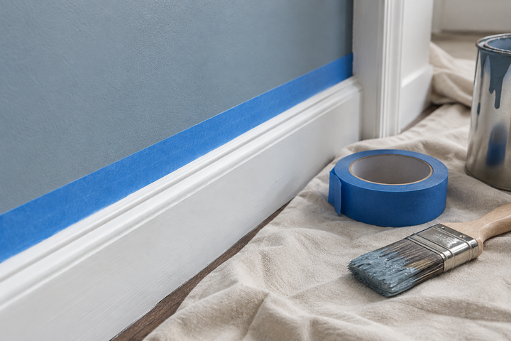 Blue masking tape protecting an edge during a painting project