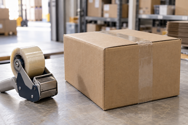 Packing tape and a handheld dispenser beside a sealed shipping carton