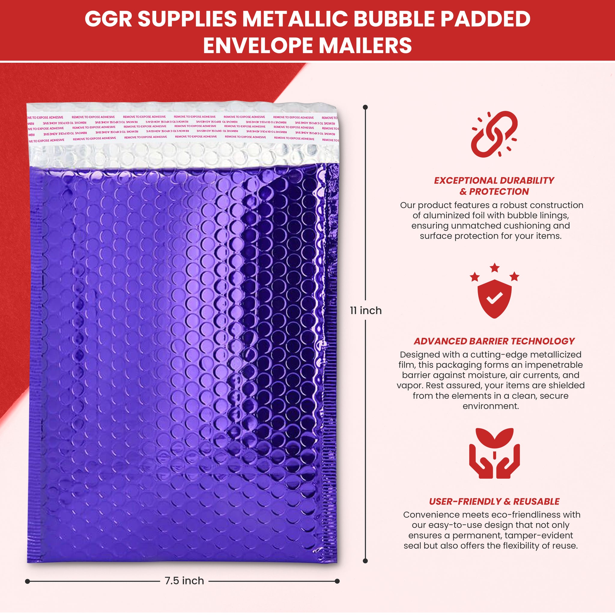 GGR Supplies Metallic Bubble Padded Envelope Mailers, 7.5 X 11 Inches, Waterproof Ultra Resistant Ideal For Packing, Shipping, and Storing. Pack of 25