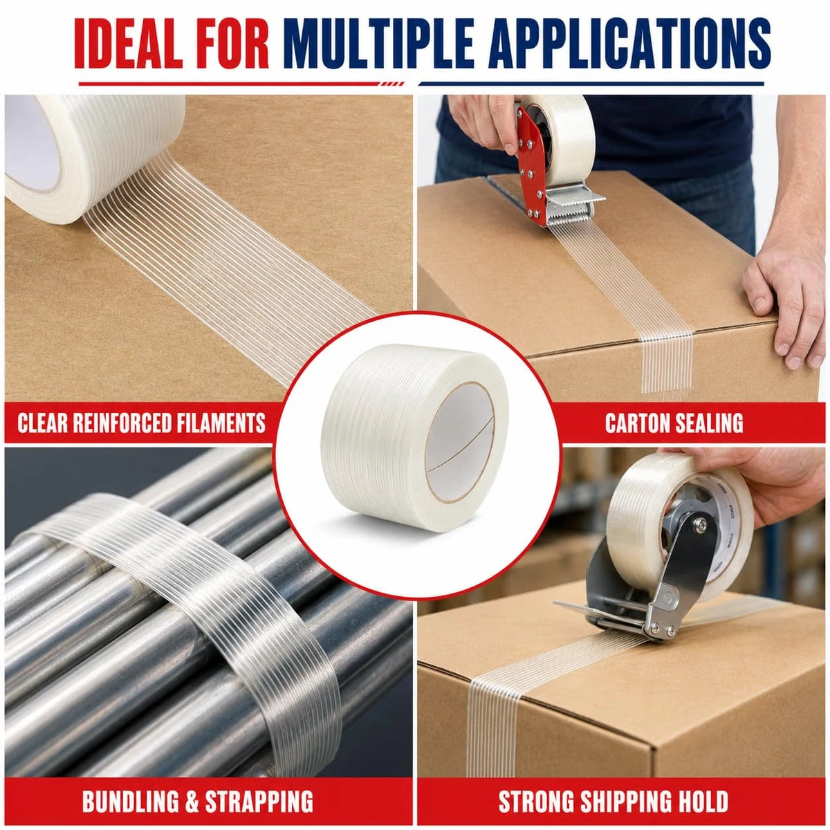 FIL-795 filament tape applications: carton sealing, bundling metal rods, strapping and packing with a tape dispenser.