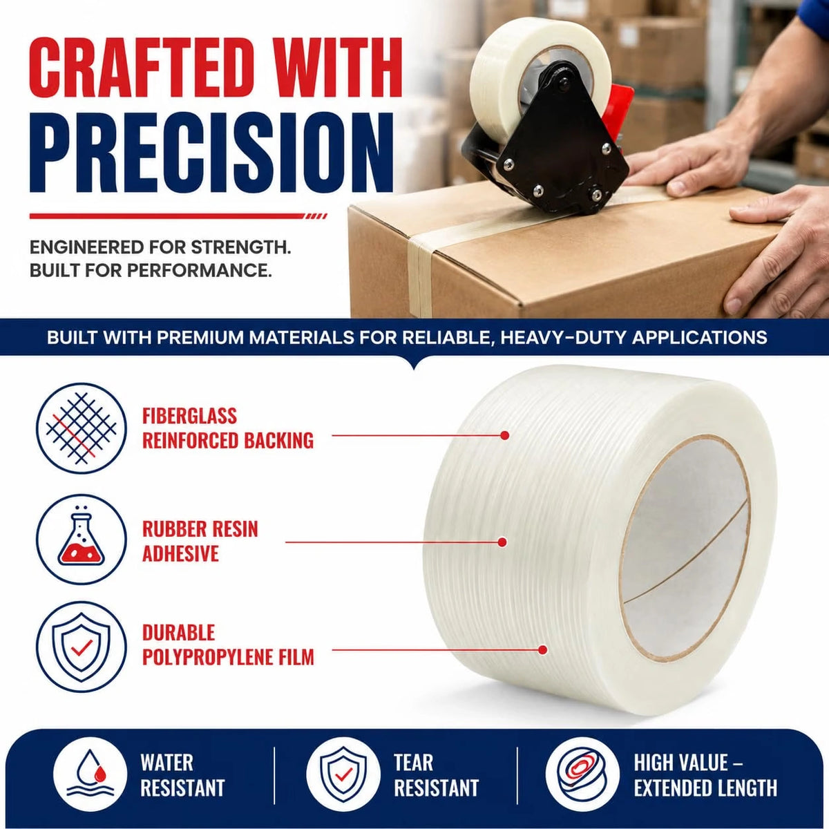 FIL-795 tape construction with fiberglass reinforcement, rubber resin adhesive and durable polypropylene film.