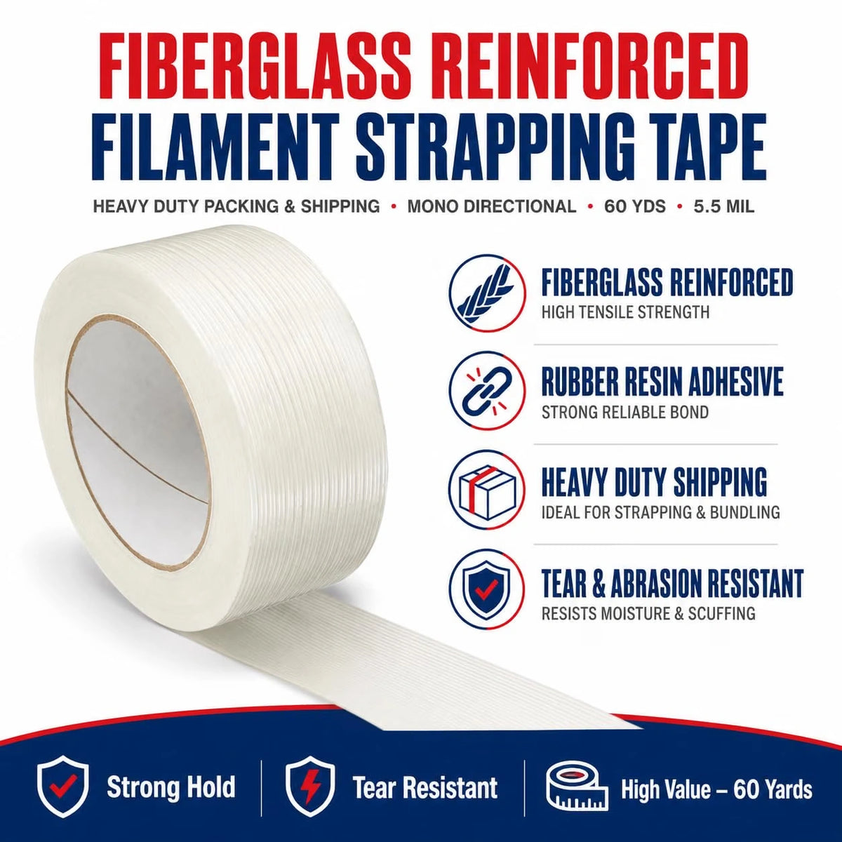 FIL-795 fiberglass reinforced filament strapping tape: 60-yard roll, 5.5 mil thickness, rubber resin adhesive and shipping features.
