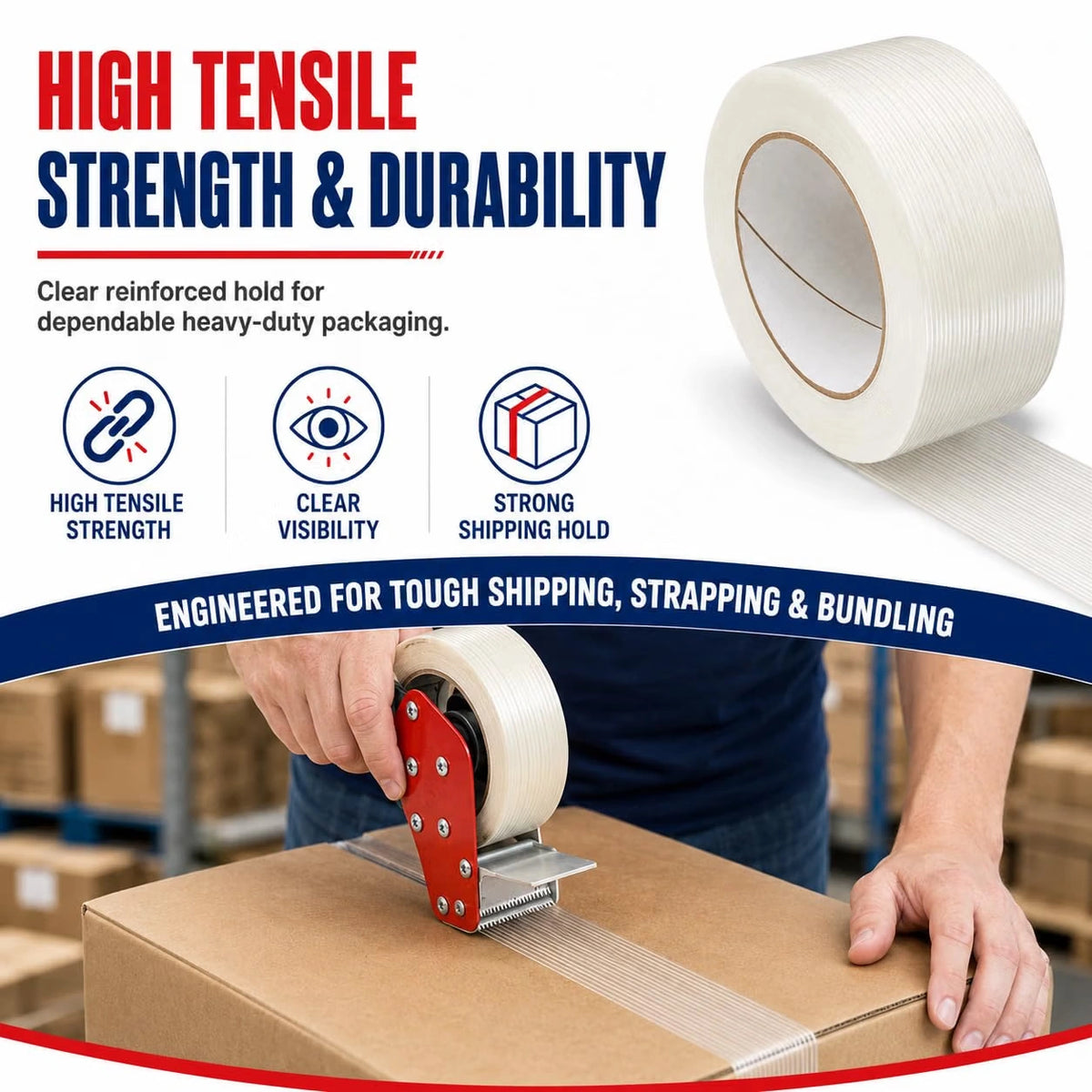 FIL-795 fiberglass reinforced filament tape showing tensile strength, clear reinforcement and heavy-duty shipping applications.