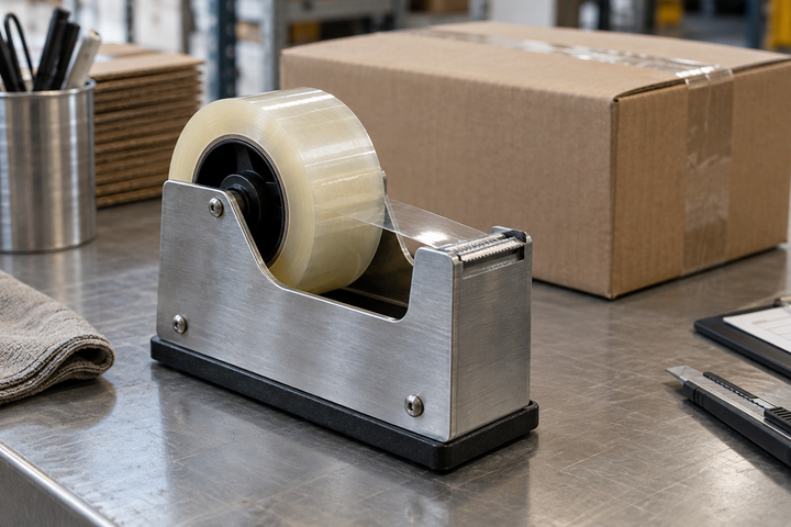 A tabletop tape dispenser at a packing workstation