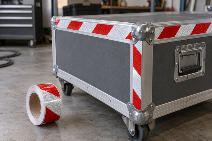 Reflective tape marking the edges of an equipment case