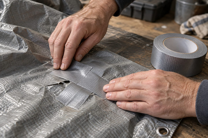 Silver duct tape being applied to a tarp for a general repair