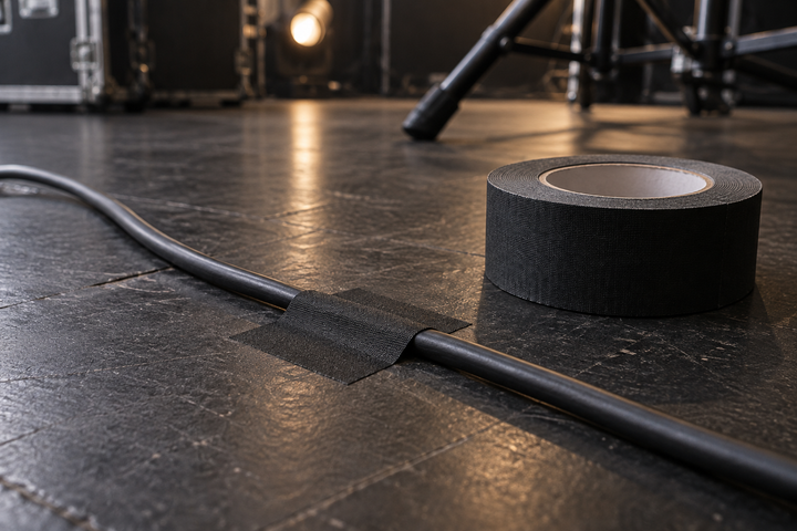 Black gaffer tape securing an audio cable on a stage